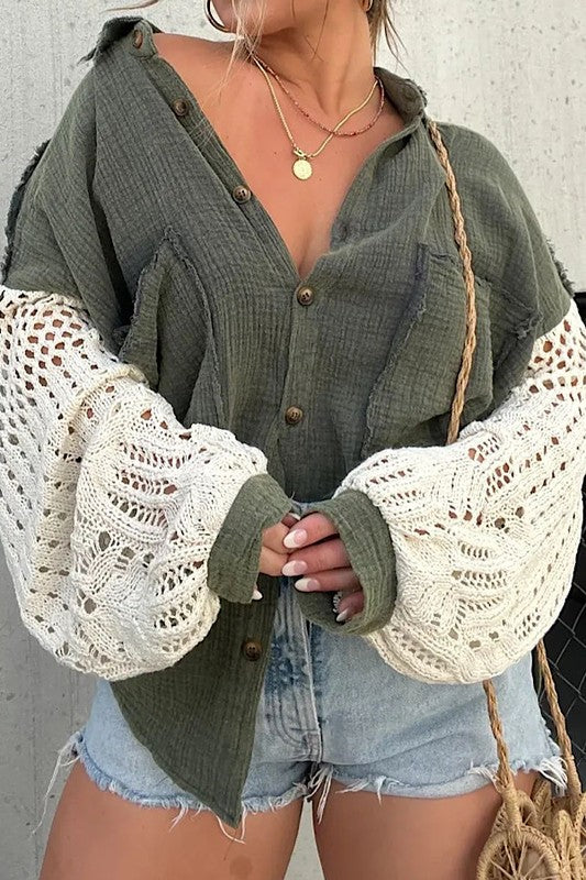 Luxe Crochet Sleeve Olive Button Up