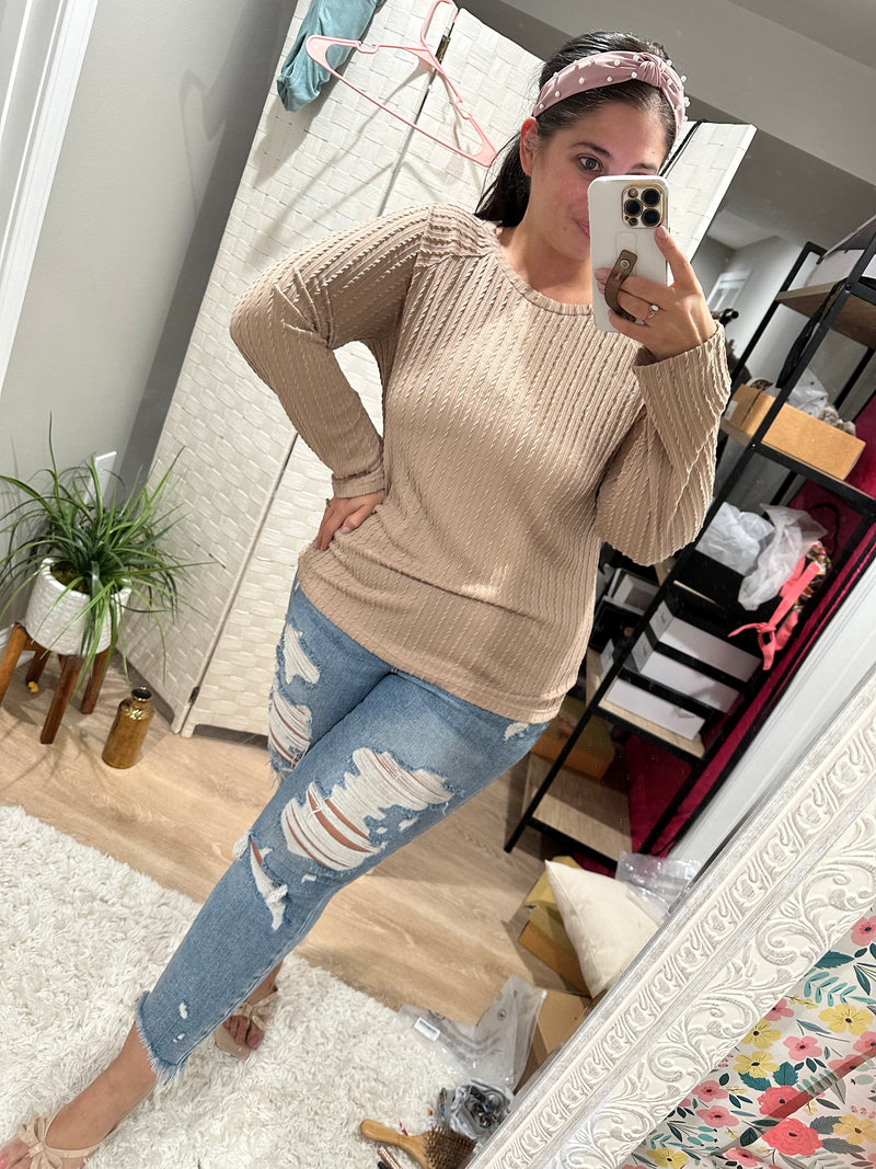 Sand Textured Knit Long Sleeve Top