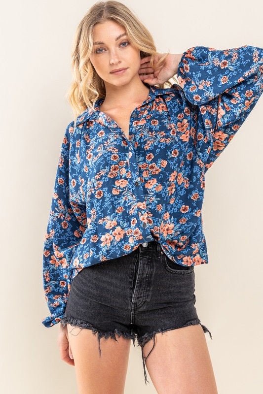 Labor Day Floral Button Chiffon Fall Top